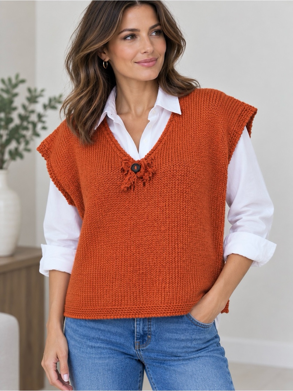 Hand Knitted Cashmere V-Neck Sweater Vest - Burnt terracotta-copper, medium